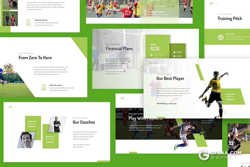 33页绿色足球比赛球队介绍体育运动项目介绍展示keynote模板 赠60张PNG透明足球人物配图 - 顶尖PPT