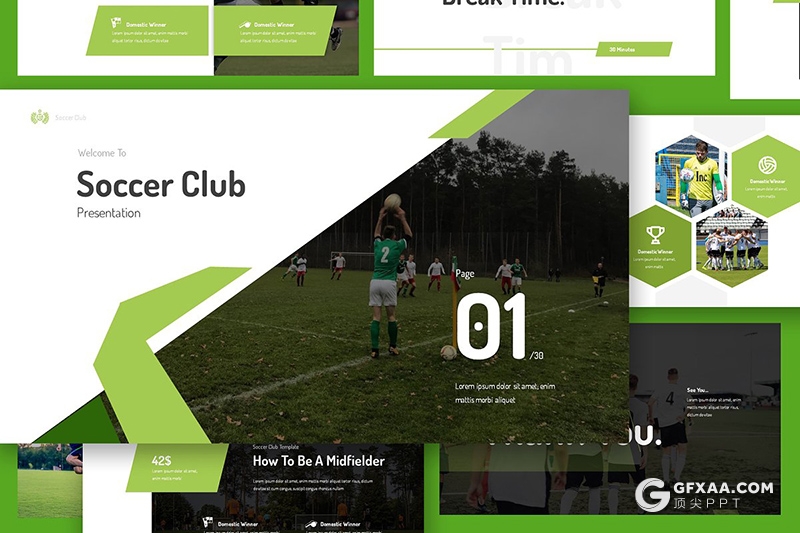 33页绿色足球比赛球队介绍体育运动项目介绍展示keynote模板 赠60张PNG透明足球人物配图 - 顶尖PPT