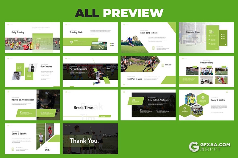 33页绿色足球比赛球队介绍体育运动项目介绍展示keynote模板 赠60张PNG透明足球人物配图 - 顶尖PPT
