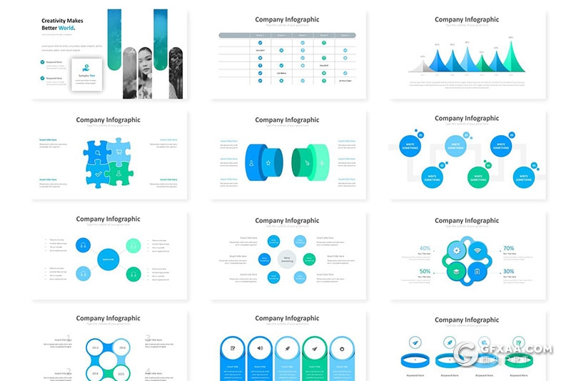 30页蓝绿配色商务工作汇报总结企业介绍国外PPT模板5种主题配色 - 顶尖PPT