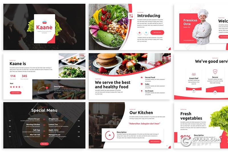 30页餐厅厨师菜品介绍餐饮美食介绍展示PPT模板3种主题配色 - 顶尖PPT