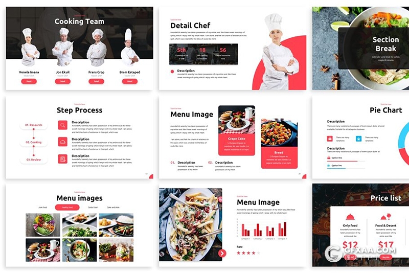 30页餐厅厨师菜品介绍餐饮美食介绍展示PPT模板3种主题配色 - 顶尖PPT