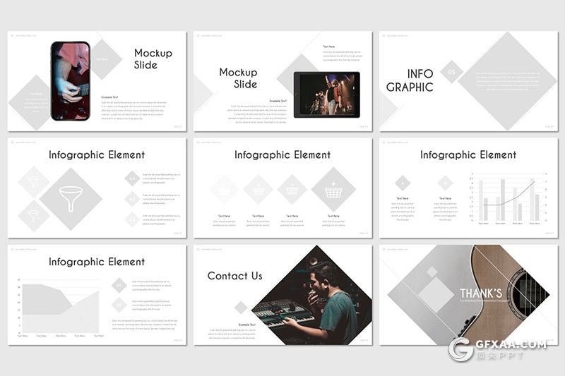 30页扁平化简约吉他介绍展示个人演唱会活动策划PPT模板5种主题配色 - 顶尖PPT