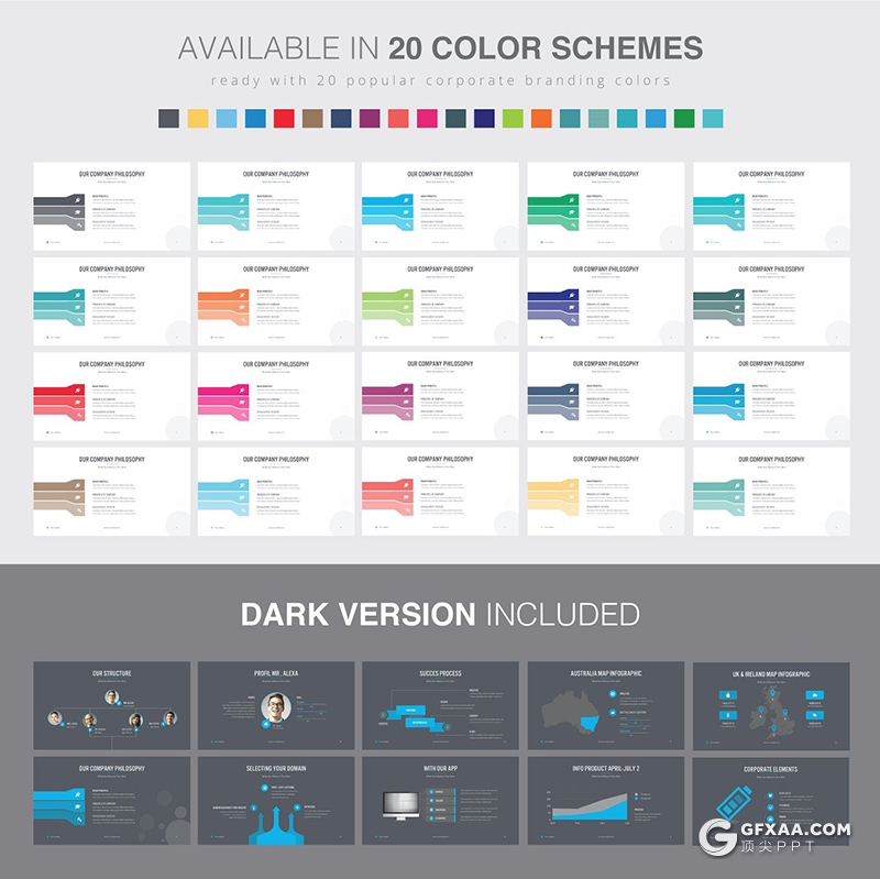 101页21种主题配色国外扁平化商务企业介绍商务逻辑图形汇报分析PPT模板 - 顶尖PPT