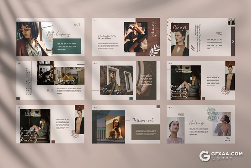 50页复古简约风格摄影图片模特写真服装展示Google slides模板 - 顶尖PPT