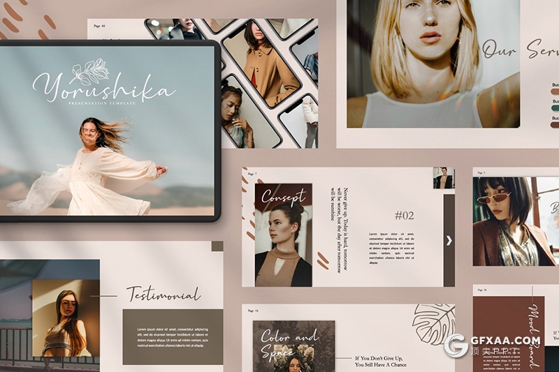 50页复古简约风格摄影图片模特写真服装展示Google slides模板 - 顶尖PPT