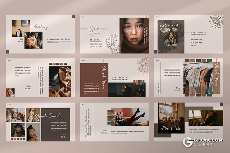 50页复古简约风格摄影图片模特写真服装展示Google slides模板 - 顶尖PPT