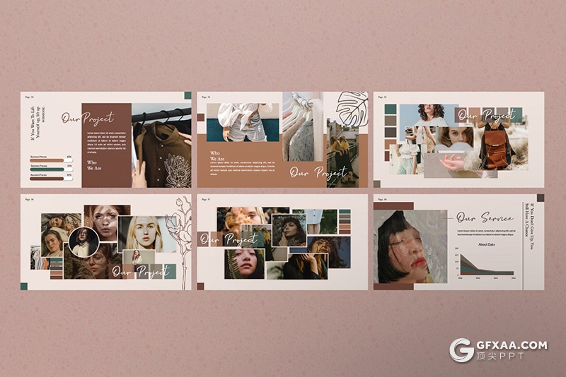 50页复古简约风格摄影图片模特写真服装展示Google slides模板 - 顶尖PPT