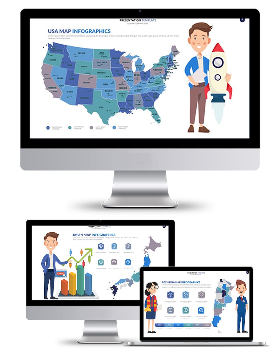 卡通人物插画世界国家地图PPT模板 - 顶尖PPT