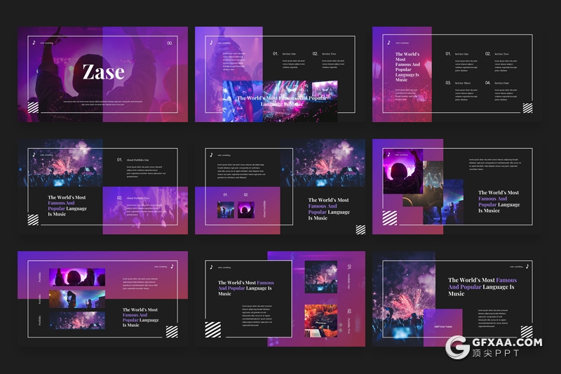 30页时尚杂志风格活动现场音乐演唱会宣传介绍Google slides模板 - 顶尖PPT
