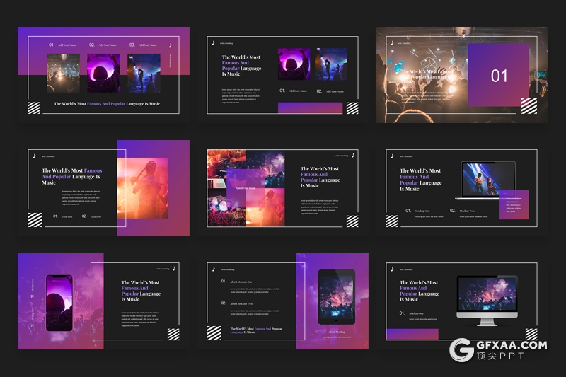 30页时尚杂志风格活动现场音乐演唱会宣传介绍Google slides模板 - 顶尖PPT