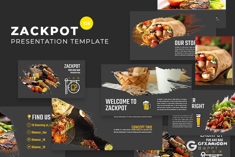 30页水墨笔刷效果餐饮美食介绍展示Google slides模板 - 顶尖PPT