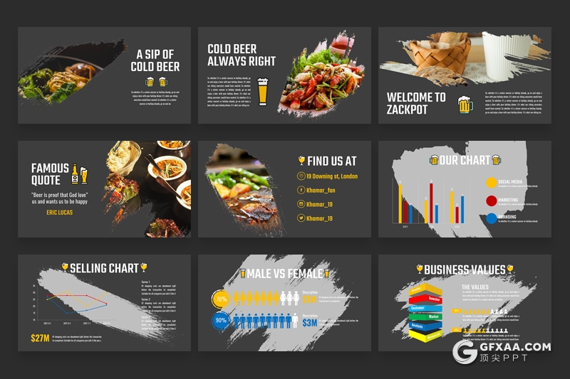 30页水墨笔刷效果餐饮美食介绍展示keynote模板 - 顶尖PPT