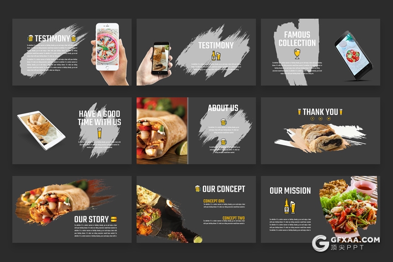 30页水墨笔刷效果餐饮美食介绍展示keynote模板 - 顶尖PPT