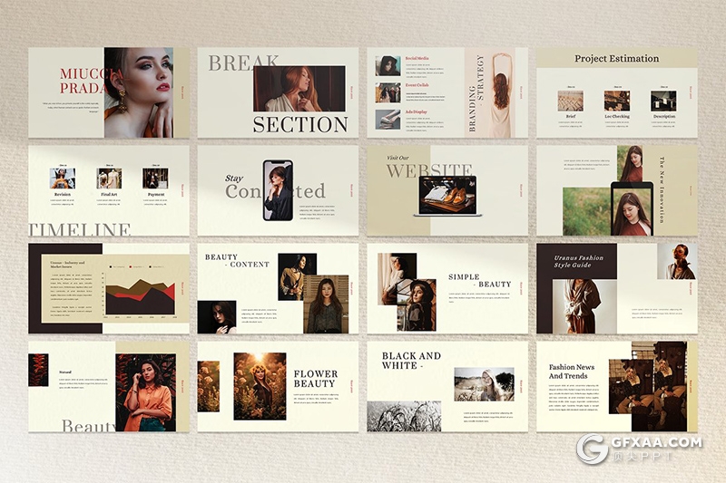 37页极简时尚杂志风格摄影图片模特写真展示PPT模板 - 顶尖PPT