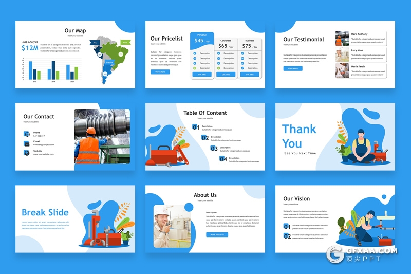 30页家政五金维修行业工程施工人员介绍宣传PPT模板3种配色2种尺寸 - 顶尖PPT