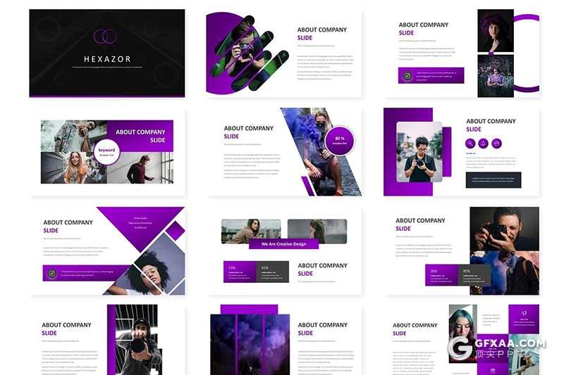 30页国外时尚风格商务工作总结团队介绍Google slides模板5种主题配色 - 顶尖PPT