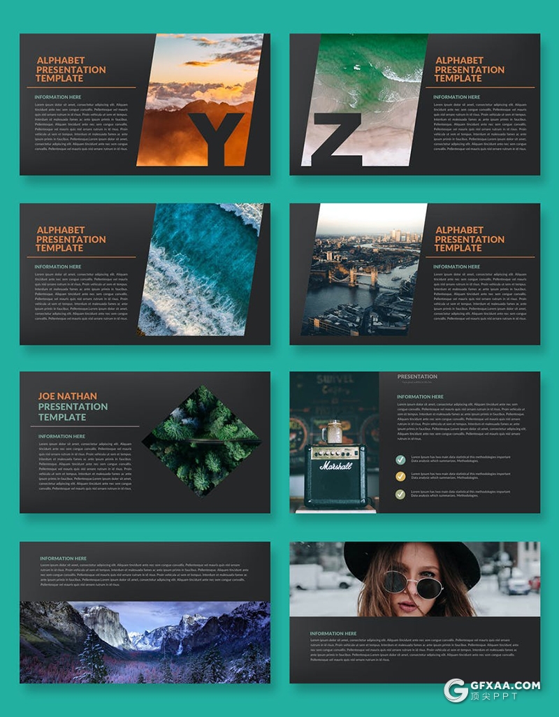 32页创意字母剪影图片展示黑色简约大气PPT模板 - 顶尖PPT