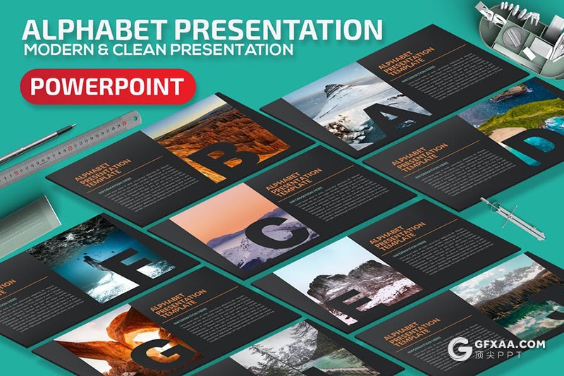 32页创意字母剪影图片展示黑色简约大气PPT模板 - 顶尖PPT