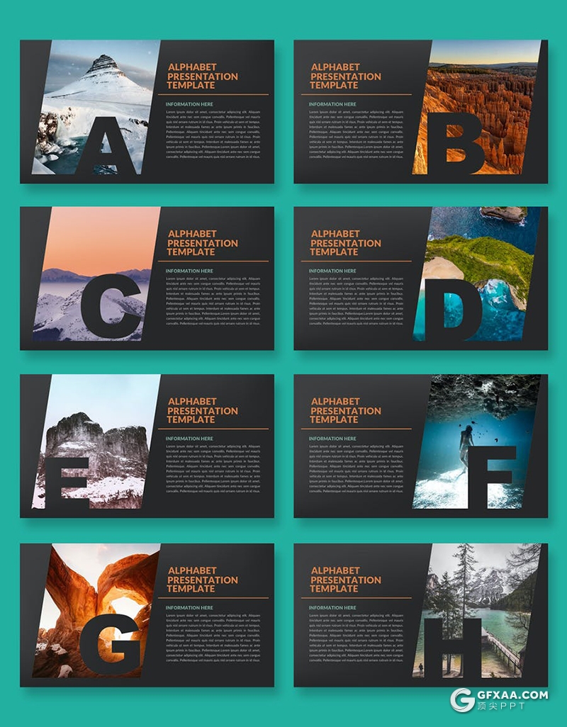 32页创意字母剪影图片展示黑色简约大气PPT模板 - 顶尖PPT