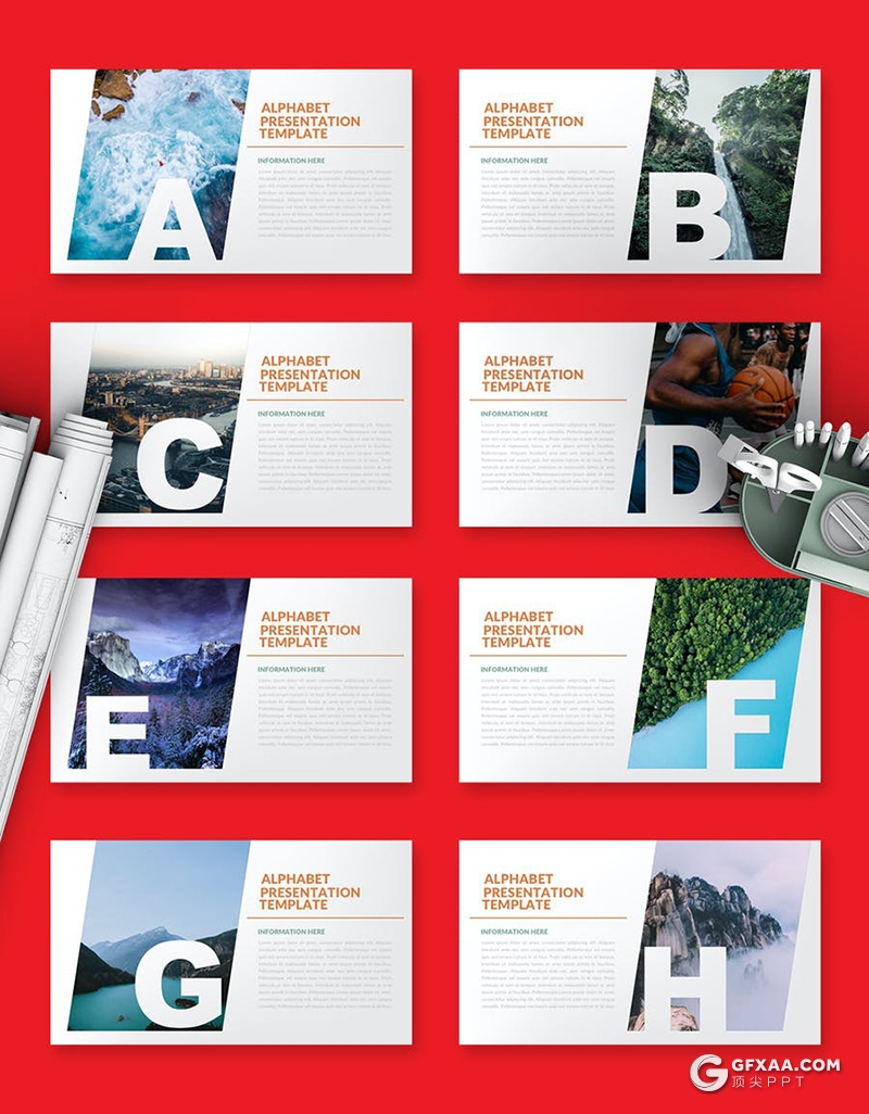 32页创意字母剪影版式摄影图片展示PPT模板 - 顶尖PPT