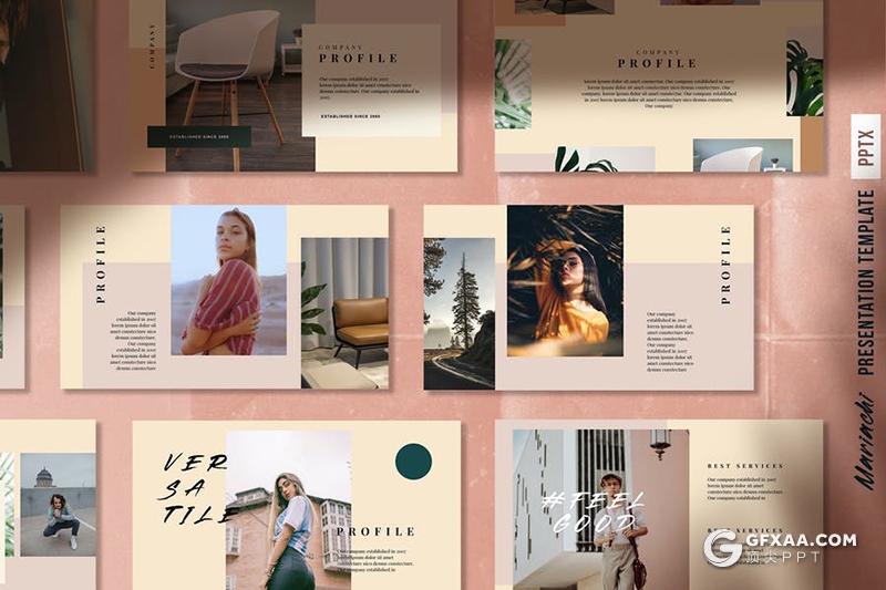 53页复古文艺风格时尚模特写真美图展示PPT模板 - 顶尖PPT