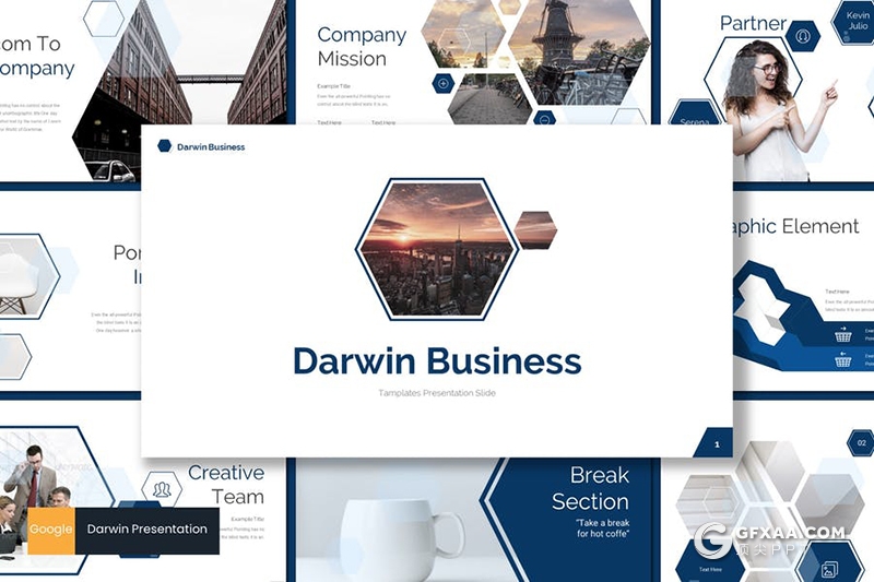 30页创意六边形组合设计国外多用途Google slides模板5种主题配色 - 顶尖PPT