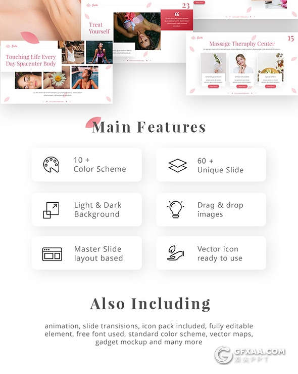 64页精美设计女性美容美体面部护理ppt化妆美容水疗治疗宣传介绍展示花卉背景PPT模板10种主题配色全动画演示 - 顶尖PPT