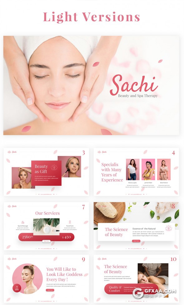 64页精美设计女性美容美体面部护理ppt化妆美容水疗治疗宣传介绍展示花卉背景PPT模板10种主题配色全动画演示 - 顶尖PPT