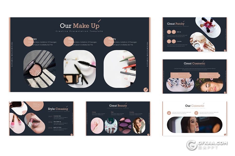 30页创意圆角矩形女性化妆品宣传介绍Google slides模板5种主题配色 - 顶尖PPT