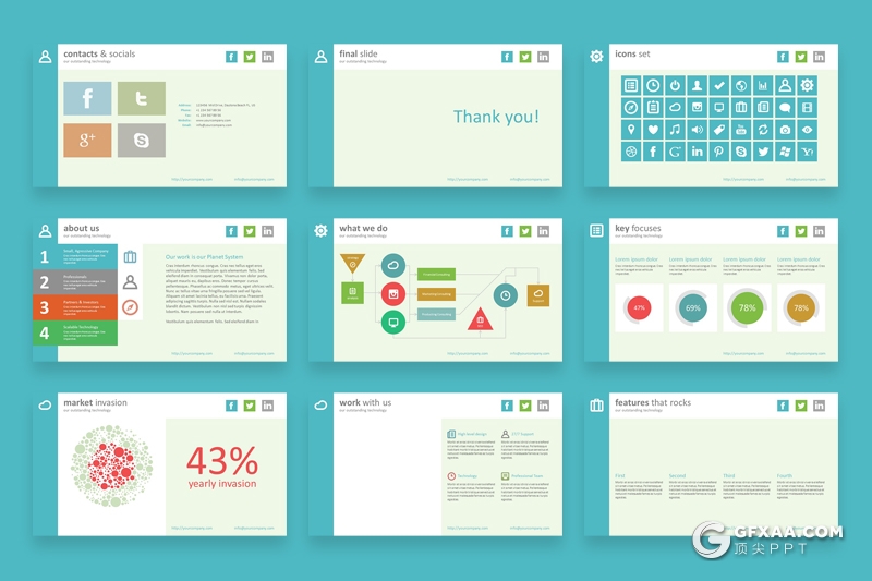 36页扁平化项目介绍汇报数据分析多用途PPT模板4种主题配色 - 顶尖PPT