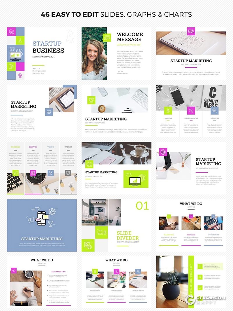 46页扁平化彩色商务工作汇报计划多用途PPT模板5种主题配色 - 顶尖PPT