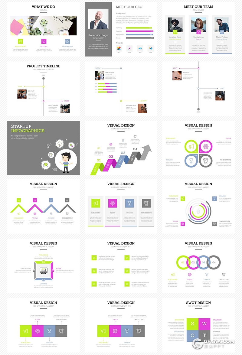 46页扁平化彩色商务工作汇报计划多用途PPT模板5种主题配色 - 顶尖PPT