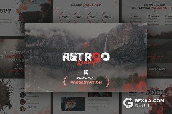 100页复古做旧水彩痕迹效果PPT模板 22种XML配色文件 - 顶尖PPT