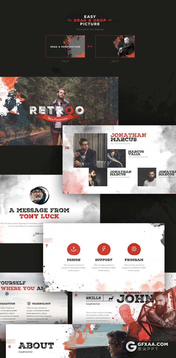 100页复古做旧水彩痕迹效果PPT模板 22种XML配色文件 - 顶尖PPT