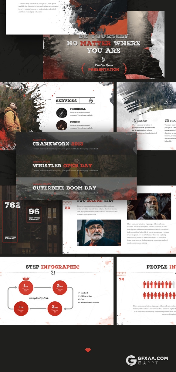 100页复古做旧水彩痕迹效果PPT模板 22种XML配色文件 - 顶尖PPT