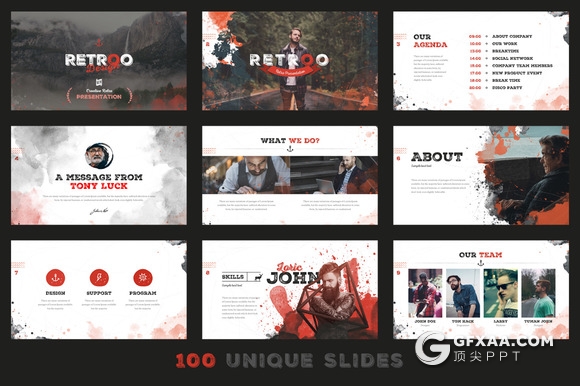 100页复古做旧水彩痕迹效果PPT模板 22种XML配色文件 - 顶尖PPT