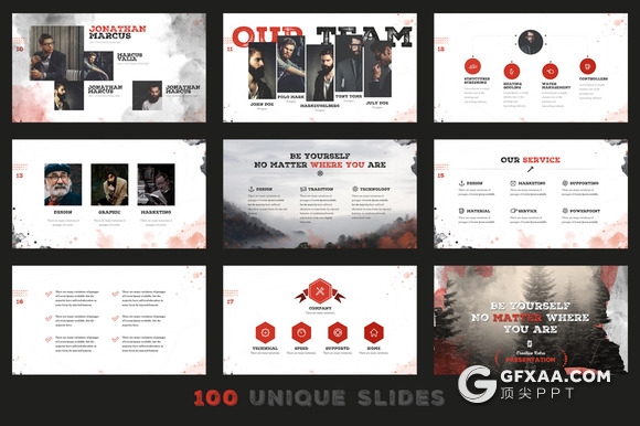 100页复古做旧水彩痕迹效果PPT模板 22种XML配色文件 - 顶尖PPT