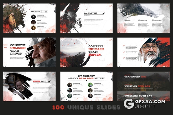 100页复古做旧水彩痕迹效果PPT模板 22种XML配色文件 - 顶尖PPT