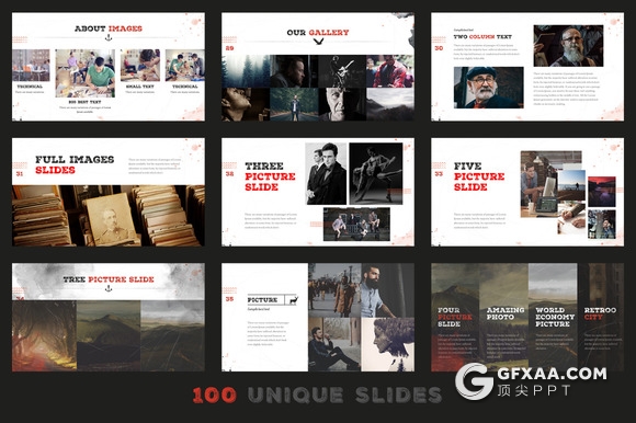 100页复古做旧水彩痕迹效果PPT模板 22种XML配色文件 - 顶尖PPT