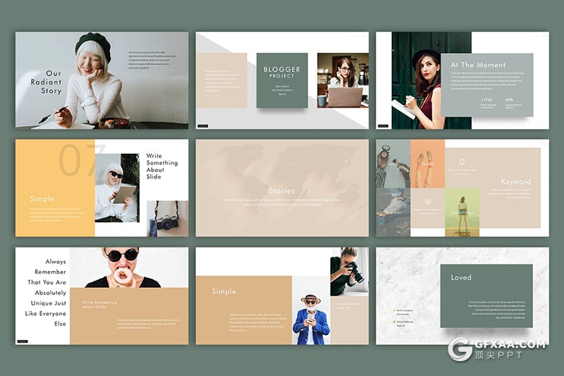34页简约文艺时尚风格模特写真图片展示Google slides模板 - 顶尖PPT