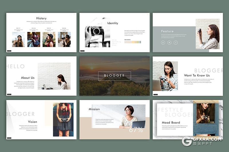 34页简约文艺时尚风格模特写真图片展示Google slides模板 - 顶尖PPT