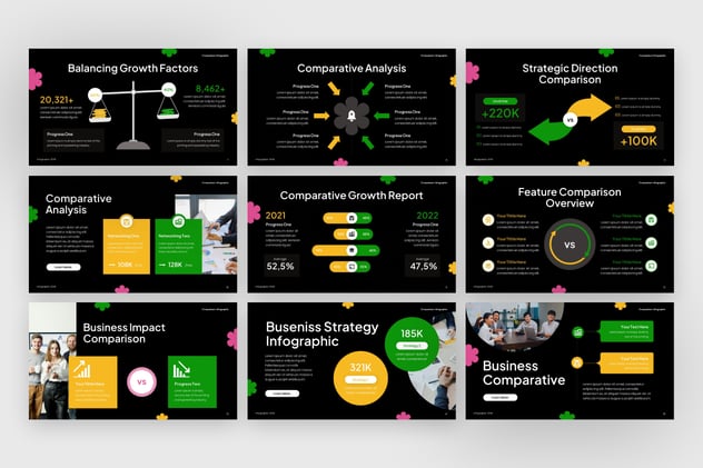 黄绿色数据比较信息图形keynote模板 - 顶尖PPT