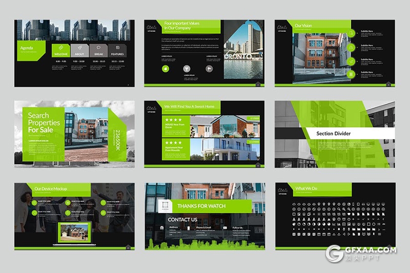 50页地产公司项目宣传介绍企业介绍商务通用PPT模板5种主题配色 - 顶尖PPT