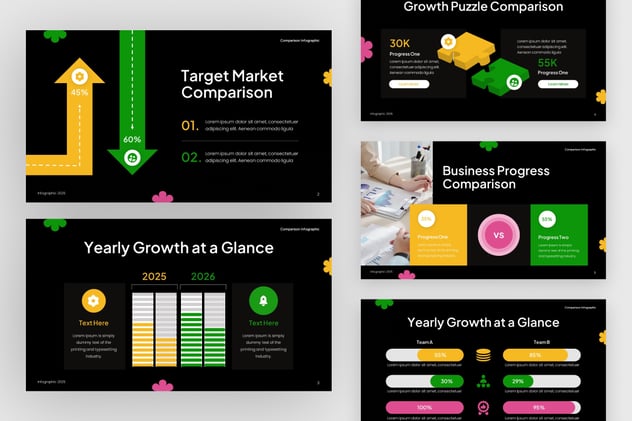 黄绿色数据比较信息图形keynote模板 - 顶尖PPT