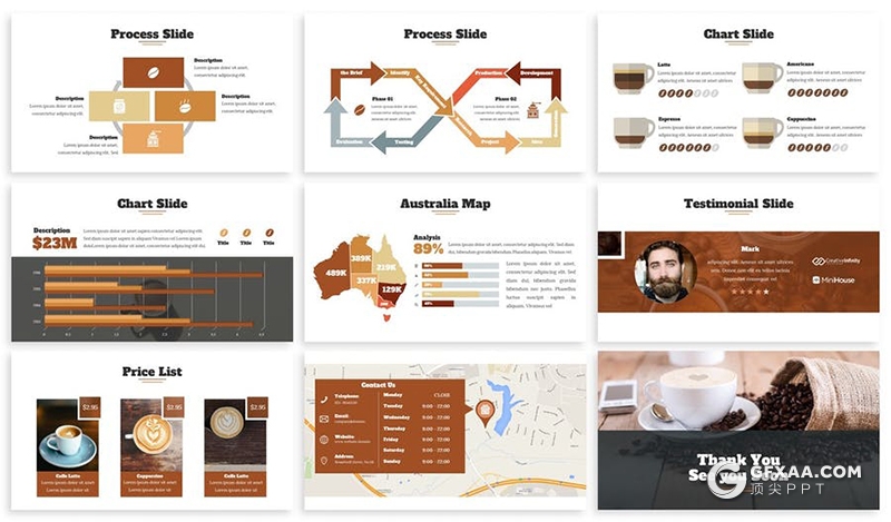 30页棕色咖啡主题咖啡店宣传介绍工作汇报PPT模板3种主题配色 - 顶尖PPT