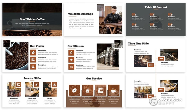 30页棕色咖啡主题咖啡店宣传介绍工作汇报PPT模板3种主题配色 - 顶尖PPT