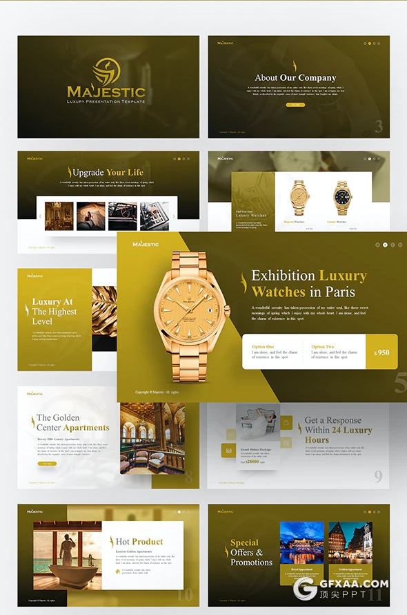 55页优雅豪华酒店介绍奢饰品手表名牌产品宣传介绍电子商务PPT模板11种主题配色 - 顶尖PPT
