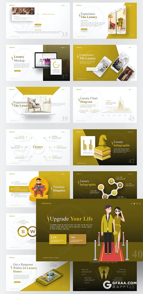 55页优雅豪华酒店介绍奢饰品手表名牌产品宣传介绍电子商务PPT模板11种主题配色 - 顶尖PPT