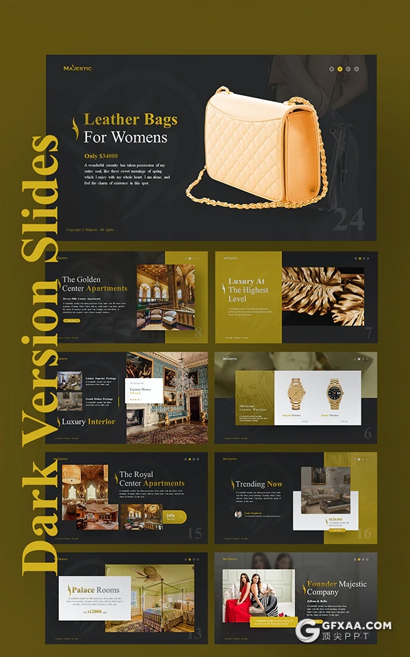 55页优雅豪华酒店介绍奢饰品手表名牌产品宣传介绍电子商务PPT模板11种主题配色 - 顶尖PPT